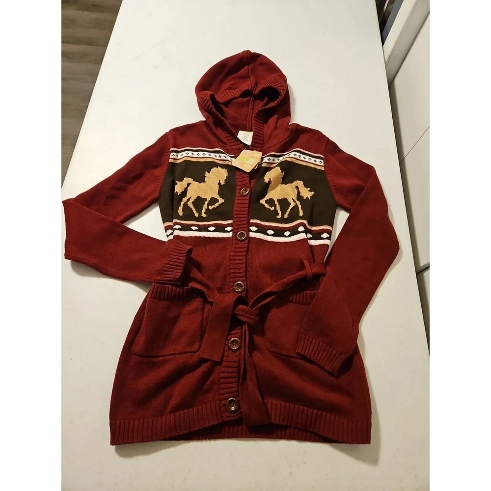 Men's Hooded Button-Front Sweater with Horse Motif — Red - Picture 1 of 6